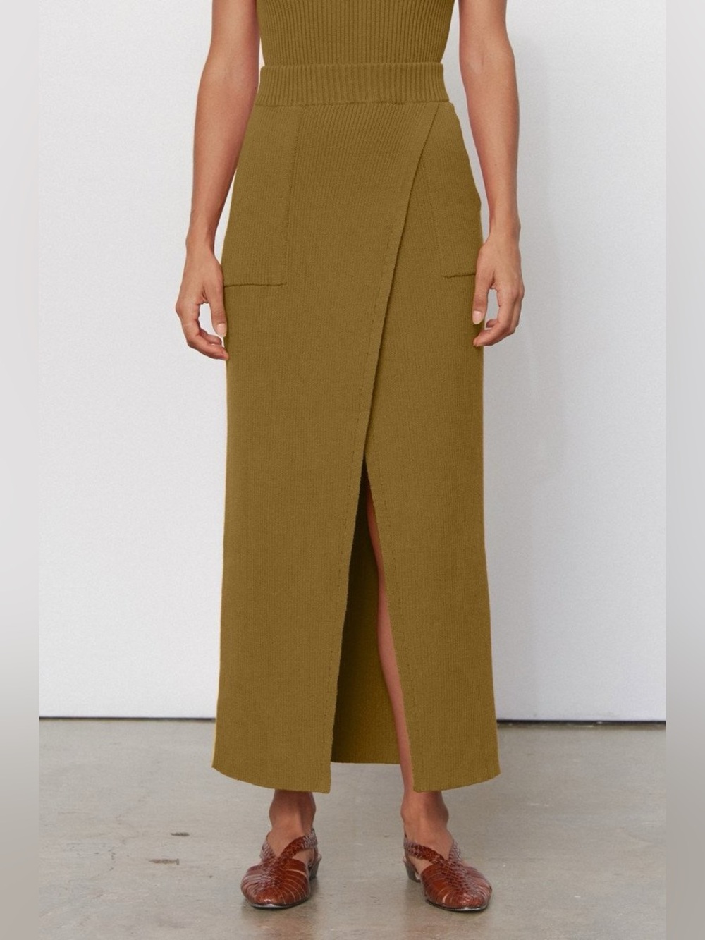 Mara Hoffman Elena Olive Rib Knit Wrap Maxi Skirt